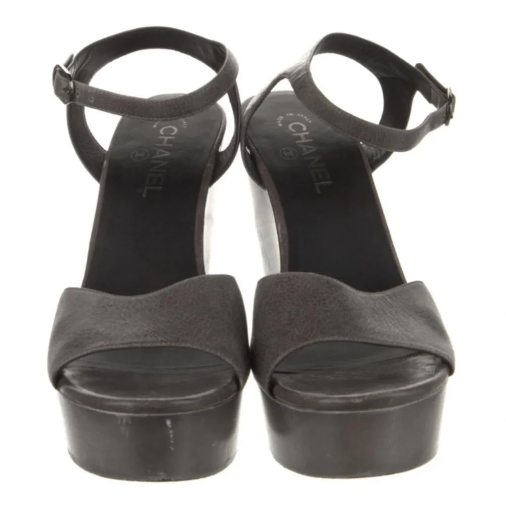 Authentic Chanel luxury designer signature leather platform wedge sandals sz 9.5